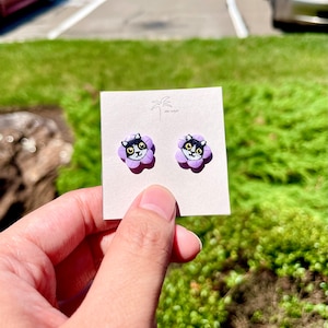 Adorable Tuxedo Kitty Cat in Violet Flower Cone | Handmade Polymer Clay Earrings | Animal- Black Cat lovers