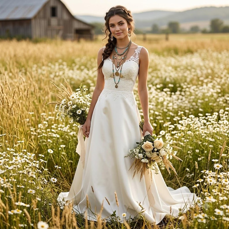 Boho Wedding Satin Wedding Dress Lace A Line Bridal Gown Sleeveless boho-wedding-satin-wedding-dress-lace-a-line-bridal-gown-sleeveless