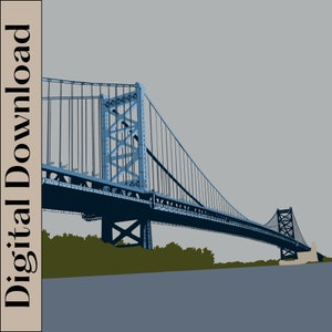 May include: A blue suspension bridge against a grey background. The bridge has a long, straight span and is supported by tall towers.