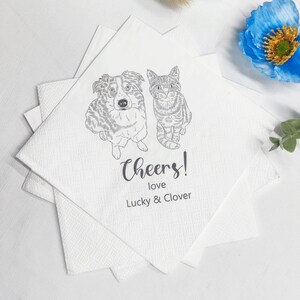 Custom Dog Illustration Napkins, Personalized Pet Cocktail Napkins, Dog Wedding Napkins, Pet Portrait, Cat Napkins, Bridal Shower Napkins