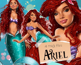 Svart Ariel sjöjungfru PNG: Handritad clipart (digital nedladdning)