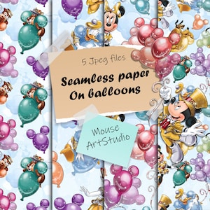 Luftballons, Dekorpapier, Micky und Minnie Maus, Donald und Daisy Duck, nahtloses Muster, Stoffdruck, Instant Download