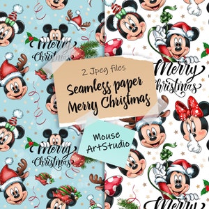 Sacchetto di carta digitale natalizio, Topolino e Minnie, motivo natalizio, carta per le feste, carta decorativa, stampa su tessuto, download immediato