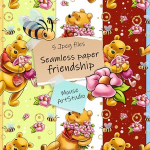 Papier décoratif, Winnie l'ourson, Avec amour, Papier d'emballage cadeau, Motif sans couture, Impression sur tissu, Chargement instantané
