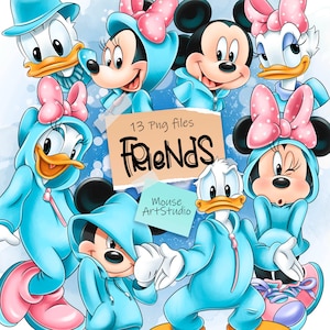 Imágenes prediseñadas digitales de Mickey y sus amigos, ilustraciones de Mouse Art Studio, adorables animales con trajes azules, descarga instantánea.