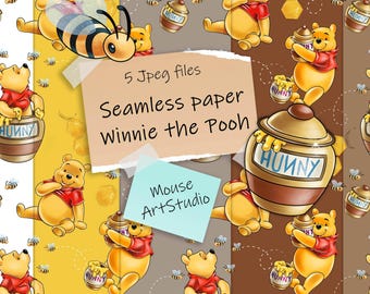 Digital Decorative Paper, Winnie the Pooh, Honey and Bees, Gift Wrapping Paper, Seamless Pattern, Fabric Printing, Instant Download