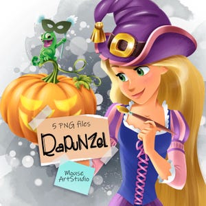 May include: A digital illustration of Rapunzel dressed as a witch for Halloween. She is wearing a purple hat with a gold buckle and a blue and purple dress. She is holding a paintbrush and is painting a pumpkin with a jack-o'-lantern face. The text "5 PNG files Rapunzel Mouse Art Studio" is on a piece of paper in the image.