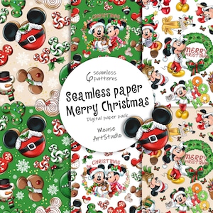 Carta senza cuciture, sacchetto di carta digitale natalizio, Minnie e Topolino, motivo natalizio, carta decorativa, stampa su tessuto, download immediato