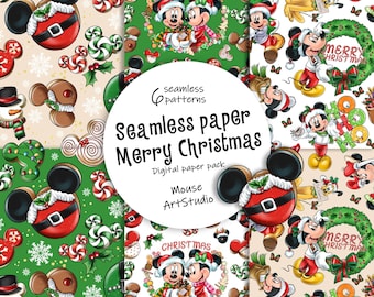Seamless paper, Christmas digital paper bag, Minnie and Mickey, Christmas pattern, Decorative paper, Fabric printing, Instant download