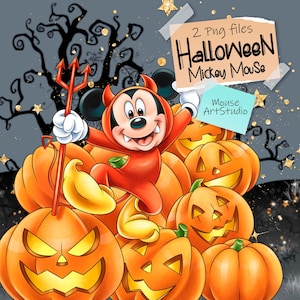 May include: A digital illustration featuring Mickey Mouse in a devil costume, holding a trident, atop carved pumpkins. The image includes the text "Halloween Mickey Mouse" and "2 PNG files". The background is a dark gray with a spooky tree.