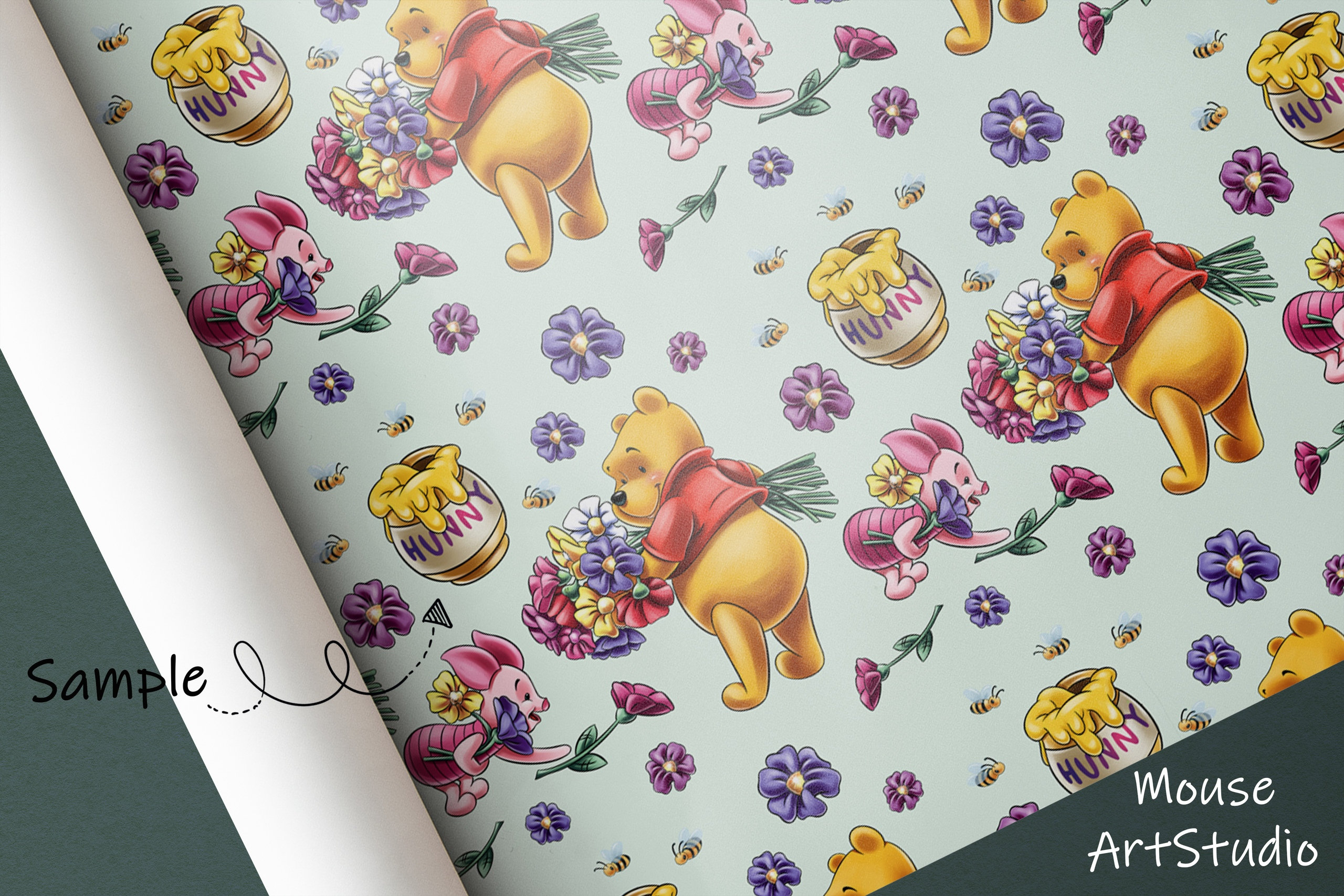 Decorative Paper, Winnie the Pooh and Piglet, Flowers and Honey