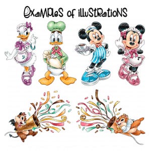 Snack bar, Waiters, Food, Mickey and Minnie, Donald and Daisy, Digital Illustrations, Instant Download image 2