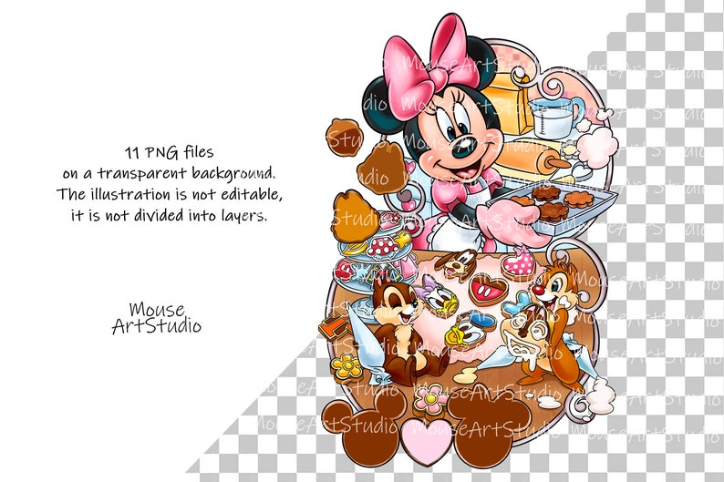 May include: A digital illustration of a cartoon mouse wearing a pink dress and a bow, holding a baking sheet with cookies. Two cartoon chipmunks are sitting on a table with a variety of cookies and other baking supplies. The text "Mouse ArtStudio" is written in the bottom left corner of the image.