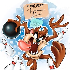 May include: A digital illustration of the Tasmanian Devil character playing bowling, holding a black bowling ball with white bowling pins flying around. The image includes text that reads 2 PNG FILES Tasmanian Devil and Mouse ArtStudio.