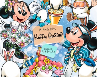 May include: A digital illustration of Mickey Mouse and Minnie Mouse dressed in Easter outfits. Mickey is wearing a blue and white striped jacket with a white collar and a white hat. Minnie is wearing a white dress with pink flowers and a white bunny ear headband. The image also includes other Easter-themed characters, such as a bunny rabbit, an egg with sunglasses, and an egg with a flower on its head. The text "Happy Easter" is written in a yellow banner at the bottom of the image.