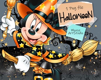 Op de afbeelding: Een digitale illustratie van Minnie Mouse verkleed als heks voor Halloween. Ze draagt een zwart-oranje outfit met sterren, een heksenhoed en houdt een bezem en een staf met pompoen erop vast. De tekst "Halloween" en "1 PNG file" is inbegrepen.