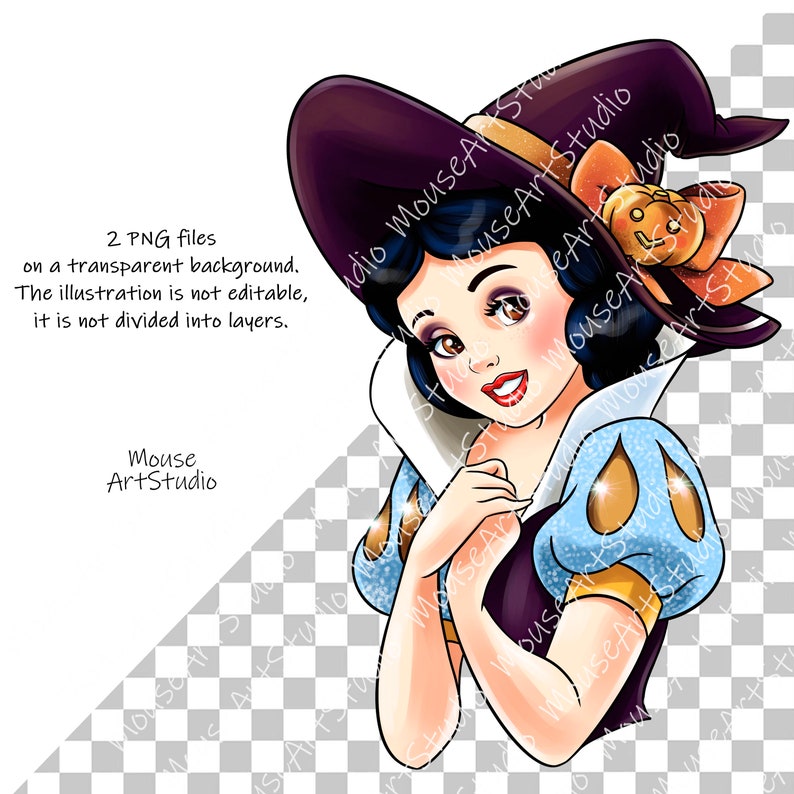May include: Snow White wearing a witch's hat with a pumpkin-themed bow. She is dressed in a blue and white dress with a purple bodice. The background is a checkered pattern.