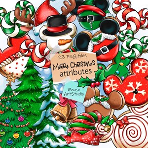 Può includere: Una collezione di 23 immagini digitali di clipart a tema natalizio in formato PNG. Le immagini includono un pupazzo di neve, un albero di Natale, bastoncini di zucchero, biscotti di pan di zenzero e orecchie di Topolino con decorazioni natalizie. Il testo "Merry Christmas attributes" è scritto su un pezzo di carta strappato.