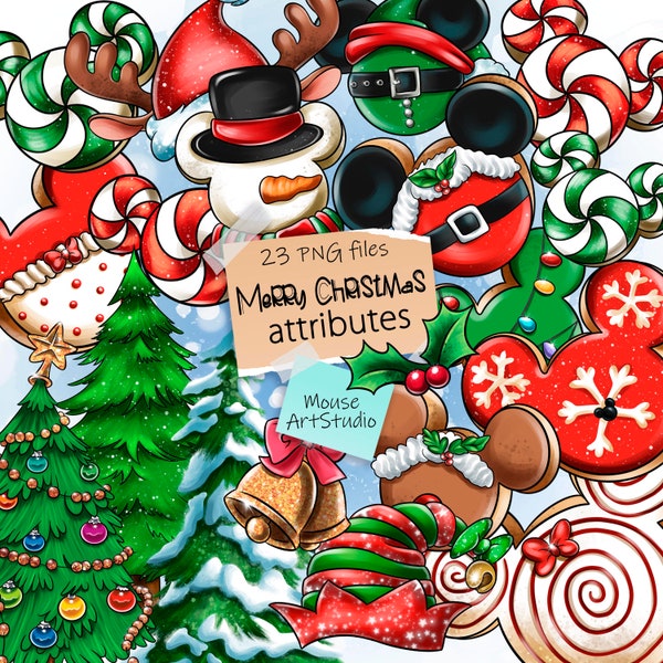 Merry Christmas paraphernalia, Sweets, Gingerbread, Christmas trees, Hats, Digital illustration, Instant download