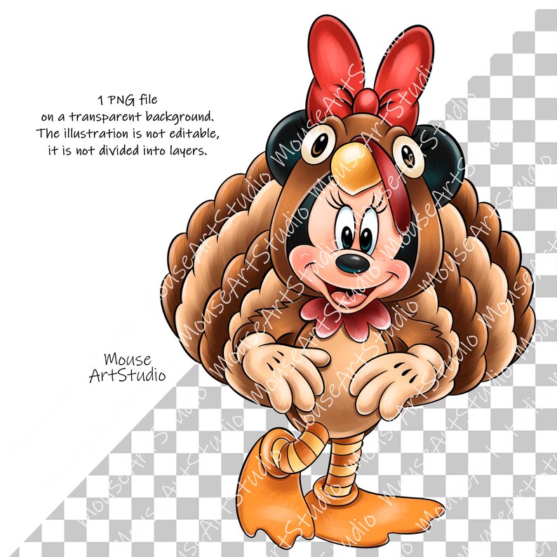 May include: A cartoon illustration of a mouse dressed as a turkey for Thanksgiving. The mouse is wearing a brown and orange turkey costume with a red bow on its head. The mouse is smiling and has a happy expression on its face.