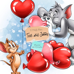 Tom y Jerry, Día de San Valentín, Tarjeta de felicitación, Diseño de sublimación, Ilustración digital, Descarga instantánea