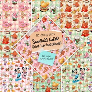 Peut inclure: Un ensemble de 10 papiers numériques sans couture présentant une variété de nourriture et de personnages de dessins animés. Les motifs sont parfaits pour créer des arrière-plans amusants et fantaisistes pour l'artisanat, le scrapbooking et d'autres projets créatifs. Les motifs incluent Mickey Mouse, Minnie Mouse, Donald Duck, Dingo et d'autres personnages Disney. La nourriture comprend des beignets, des glaces, du pop-corn, des hot-dogs et plus encore.