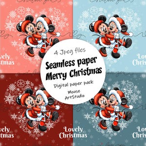 Carta decorativa, Buon Natale, Carta da regalo, Motivo senza soluzione di continuità, Topolino e Minnie, Stampa su tessuto, Download immediato