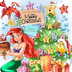 La petite sirène Ariel, plie, Sébastien, joyeux Noël, sublimation, illustration numérique, téléchargement immédiat