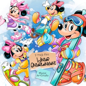 Zimowa rozrywka, Sporty zimowe, Minnie, Boże Narodzenie, Projekt sublimacji, Ilustracja cyfrowa, Natychmiastowe pobieranie