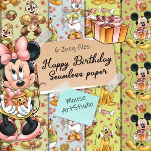 Fijne verjaardag, Mickey en vrienden, decoratief papier, naadloos patroon, bedrukken op stof, direct downloaden