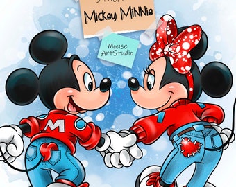 Mickey Mouse, Minnie Mouse PNG, Digital Illustration, Fabric Printing, Sublimation Design, Instant Download