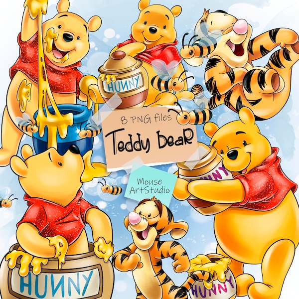 Winnie the Pooh, Tigre PNG, Tarro de Miel, Abejas, Diseño de Sublimación, Ilustración Digital, Descarga Instantánea