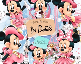 May include: Digital art featuring Minnie Mouse in various poses, all dressed in pink outfits and hats. The image includes the text "IN PARIS" and "18 PNG files". The Eiffel Tower is also visible in the background.