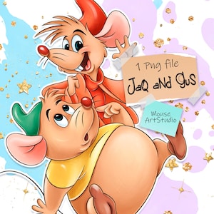 Puede incluir: Ilustración digital de Jaq y Gus, dos ratones de Cenicienta. Jaq, con un atuendo rojo, señala a Gus, que lleva una camisa amarilla y un sombrero verde. La imagen incluye el texto "1 Png file Jaq and Gus" y "Mouse ArtStudio".