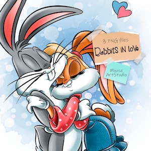 Puede incluir: Una ilustración de dibujos animados de Bugs Bunny y Lola Bunny abrazándose. La imagen tiene un fondo azul acuarela con puntos blancos. El texto "3 archivos PNG Conejos enamorados Mouse Art Studio" está en la imagen.