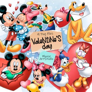 Feliz día de San Valentín, Mickey y Minnie, Donald y Daisy, Pluto, Goofy, ilustraciones digitales, descarga instantánea