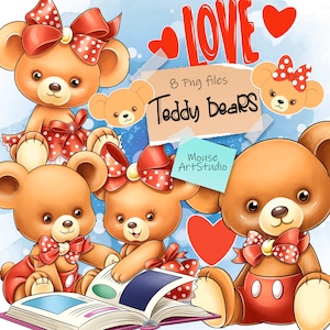 Teddy Bears clipart, hand-drawn PNG clipart from Mouse Art Studio, Cartoon stickers for daily planner, sublimation design, Instant download
