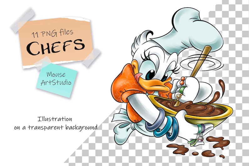 May include: A cartoon duck wearing a chef's hat and a red and orange apron stirs a bowl of chocolate with a wooden spoon. The duck has a white body, orange beak, and blue eyes. The chocolate is brown and has a swirl pattern. There are brown chocolate drops on the surface.