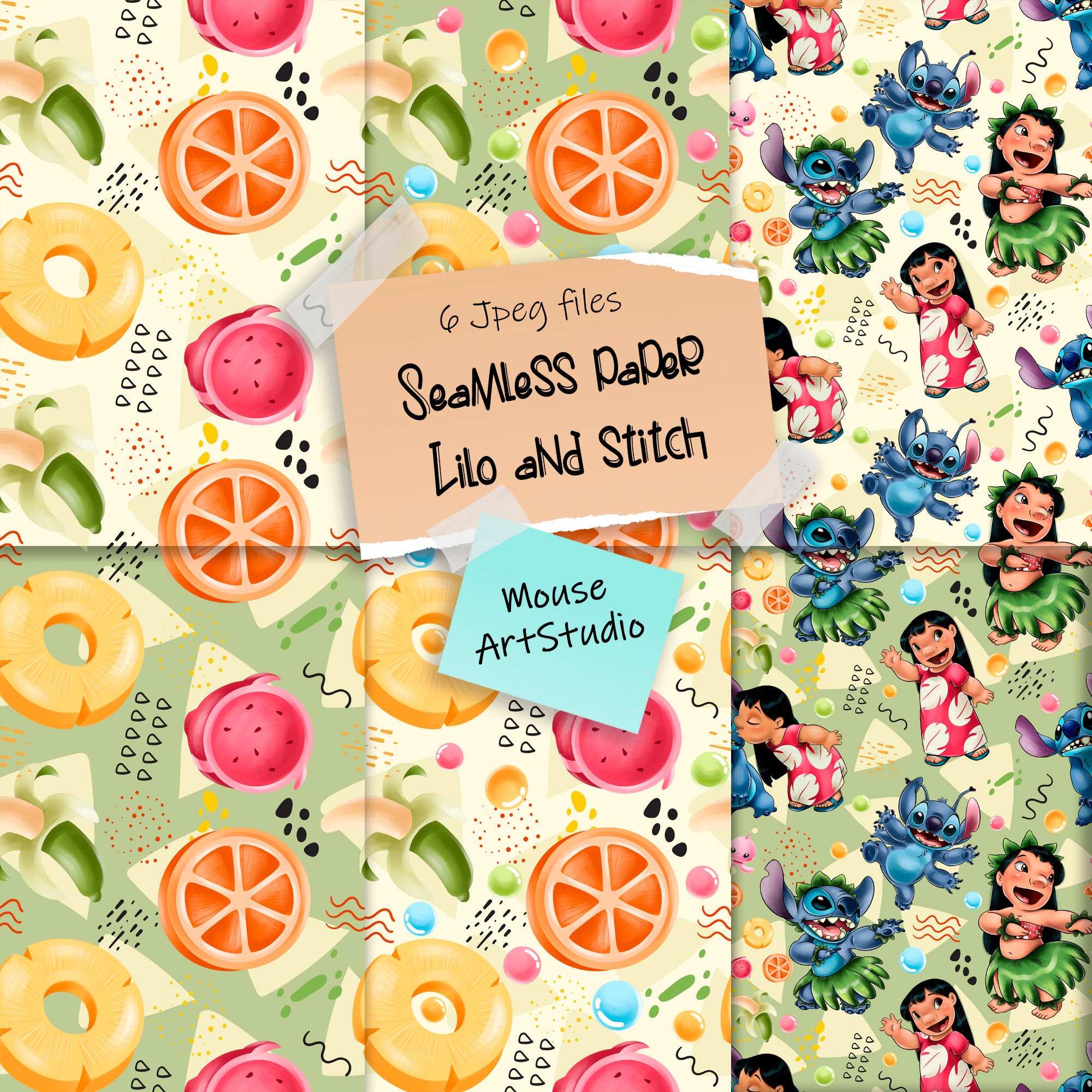 Seamless Paper, Lilo and Stitch, Summer, Fruit, Digital Paper Bag, Decorative Paper, Instant Download
