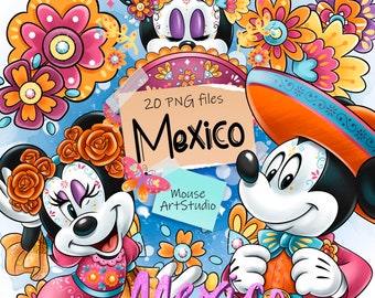 Mexique, Mickey et Minnie, El Día de Muertos, design par sublimation, illustration numérique, téléchargement immédiat