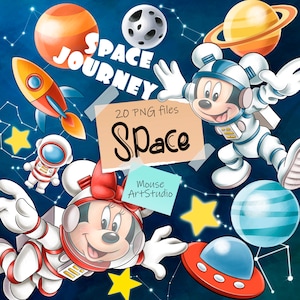 Viaje espacial, Mickey y Minnie, Astronauta, Cohete, Planetas, Diseño de sublimación, Ilustración digital, Descarga instantánea
