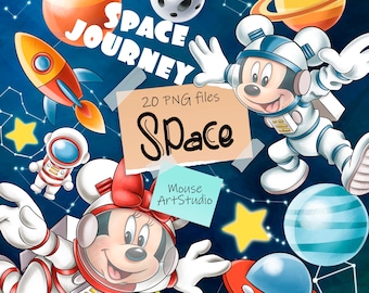 Space journey, Mickey and Minnie, Astronaut, Rocket, Planets, Sublimation Design, Digital Illustration, Instant download