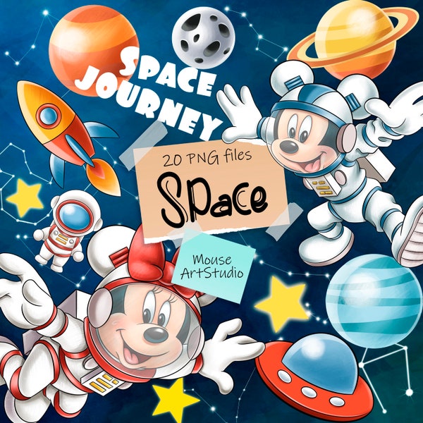 Space journey, Mickey and Minnie, Astronaut, Rocket, Planets, Sublimation Design, Digital Illustration, Instant download