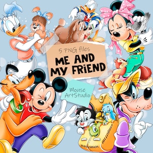 Ja i mój przyjaciel, Myszka Miki i Minnie, Donald i Daisy, Ulubione zwierzęta, Projekt sublimacji, Ilustracja cyfrowa, Natychmiastowe pobieranie