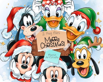 Ilustración digital navideña de Mickey Mouse y sus amigos, diseño para sublimación, descarga inmediata