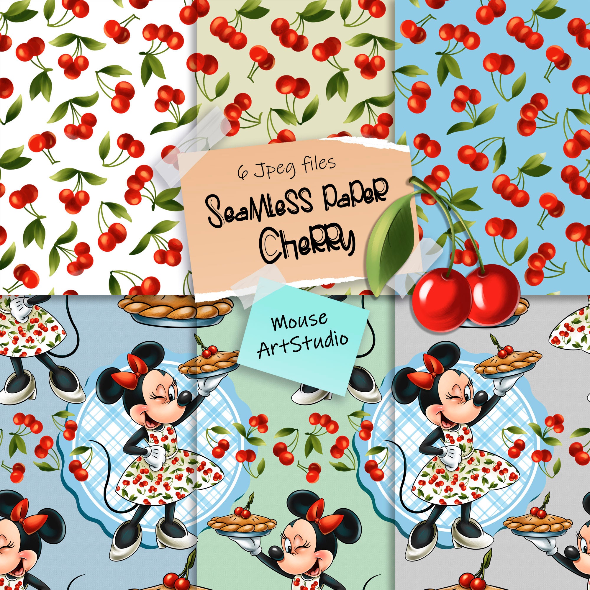 ミニーマウス チェリーパイ シームレスペーパー：デジタルファブリック