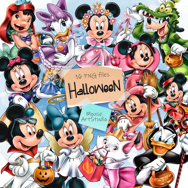 Halloween, Minnie e Topolino, Paperino, Margherita, Pippo, Strega, Design a sublimazione, Illustrazione digitale, Download istantaneo