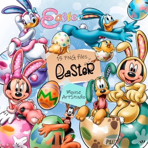 Puede incluir: Una ilustración digital de varios personajes de Disney celebrando la Pascua. Mickey Mouse, Minnie Mouse, Donald Duck, Goofy y un pollito están todos vestidos con atuendos de Pascua y sosteniendo huevos de Pascua. La imagen está sobre un fondo azul claro con las palabras "Easter" y "15 PNG files Easter" escritas en una fuente caprichosa.