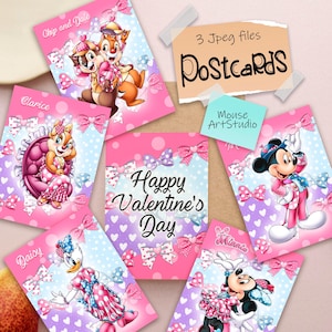 Valentinstag Karten zum Drucken, Postkarten mit Mickey und seine Freunde in Pink Anzüge, Postkarte Design zum Drucken, Instant Download