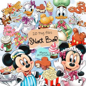 Snack bar, Garçons, Comida, Mickey e Minnie, Donald e Daisy, Ilustrações Digitais, Download Instantâneo